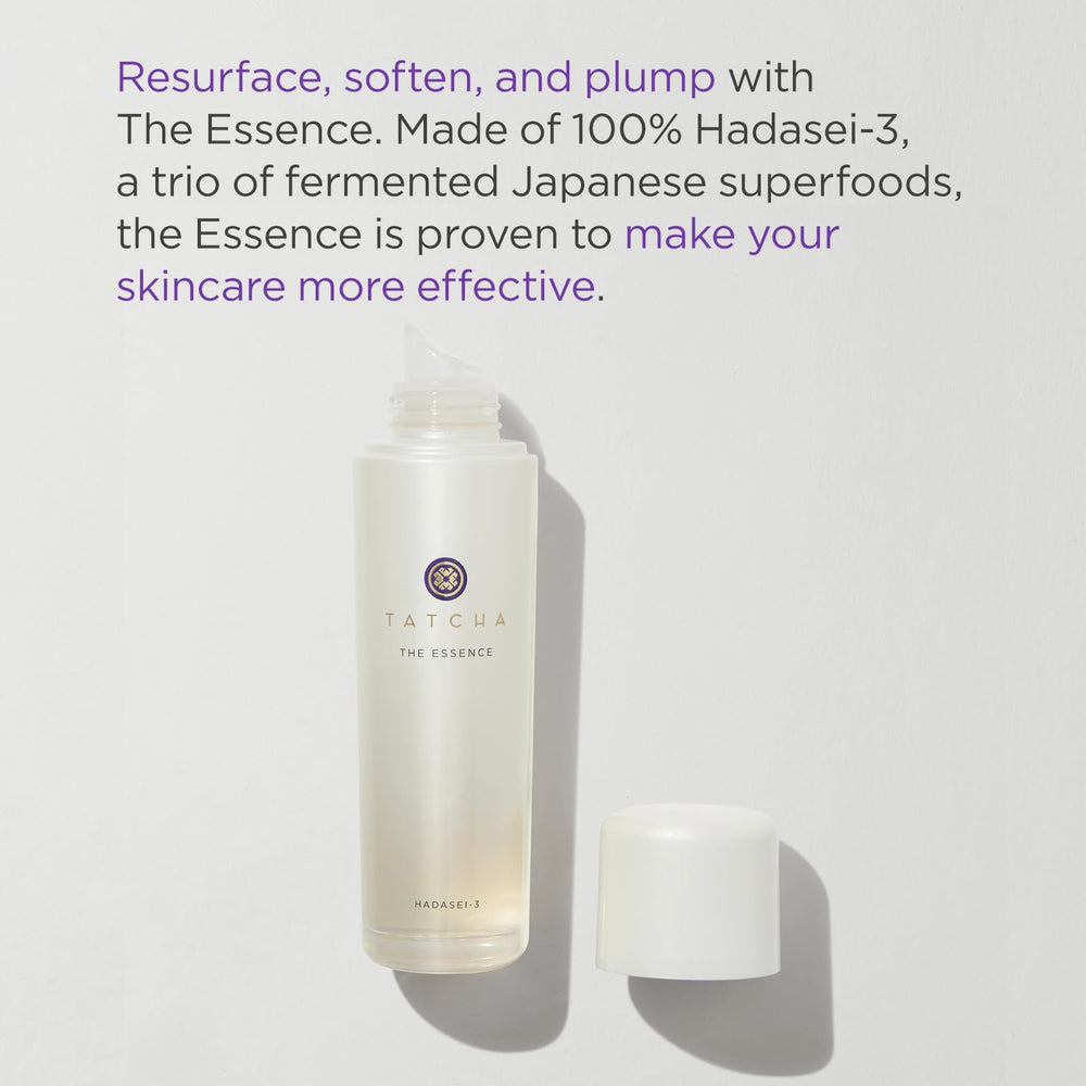 Tatcha The Essence bottle pour shows lightweight hydration and easy application.