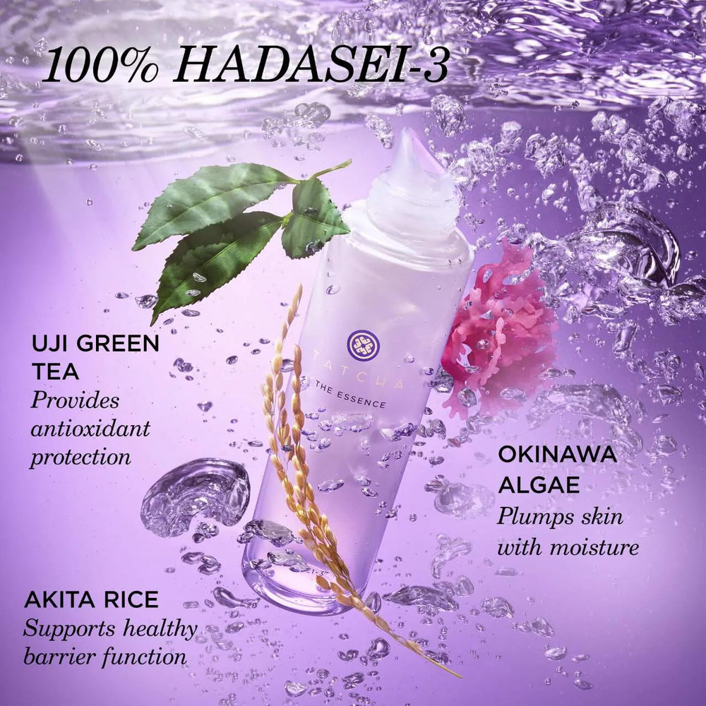 Tatcha The Essence liquid texture close-up reveals silky hydration and plumping look.