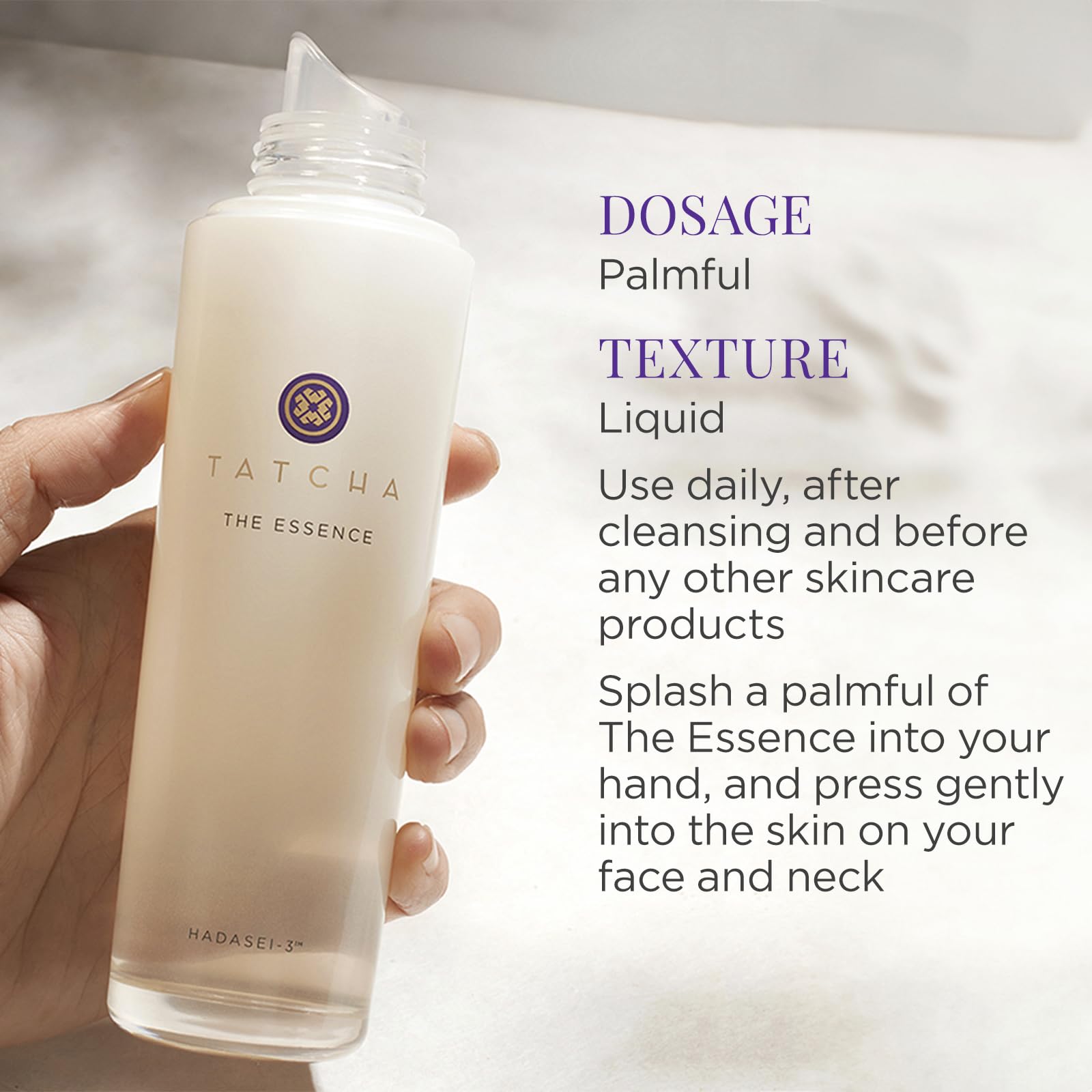 Tatcha The Essence routine application scene suggests quick, oil-free absorption.