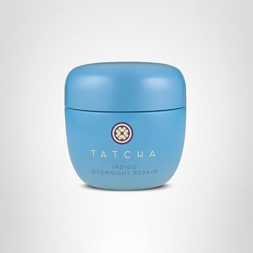 TATCHA Indigo night routine on bedside table conveys self-care ritual potential.