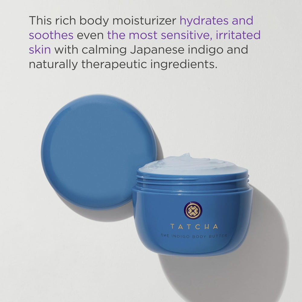 TATCHA Indigo Body Butter cream swirl shows velvety texture for lasting moisture.