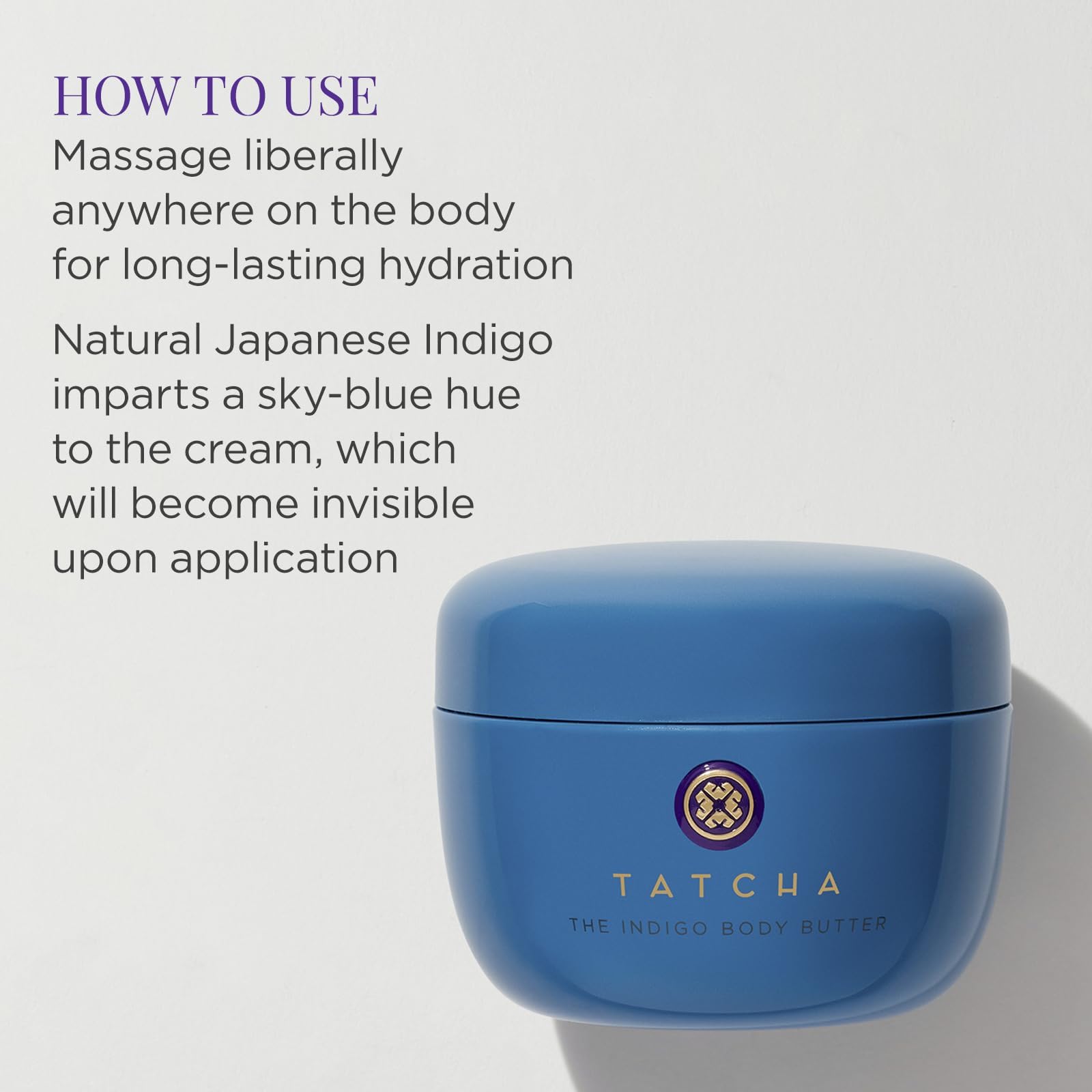 TATCHA Indigo Body Butter close-up shows concentrated indigo soothing properties.