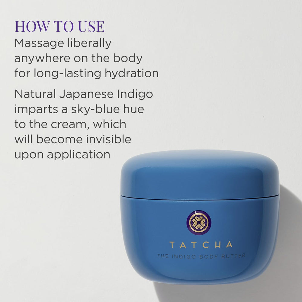TATCHA Indigo Body Butter close-up shows concentrated indigo soothing properties.