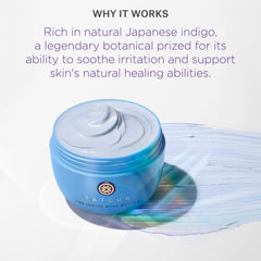 TATCHA Indigo Extract close-up illustrates calming ingredients for irritated skin.