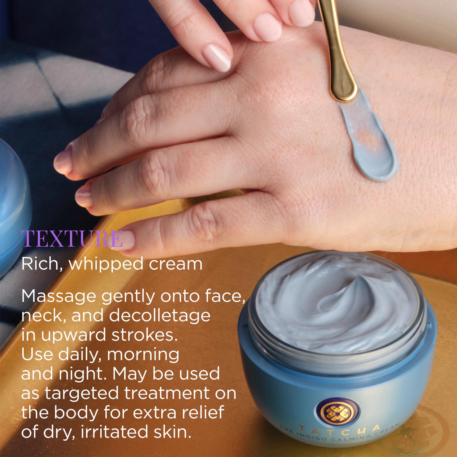 TATCHA Indigo Calming Cream application on cheek demonstrates calming routine.