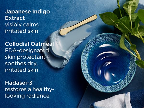 TATCHA Indigo Calming Cream ingredients with colloidal oatmeal and Japanese indigo.