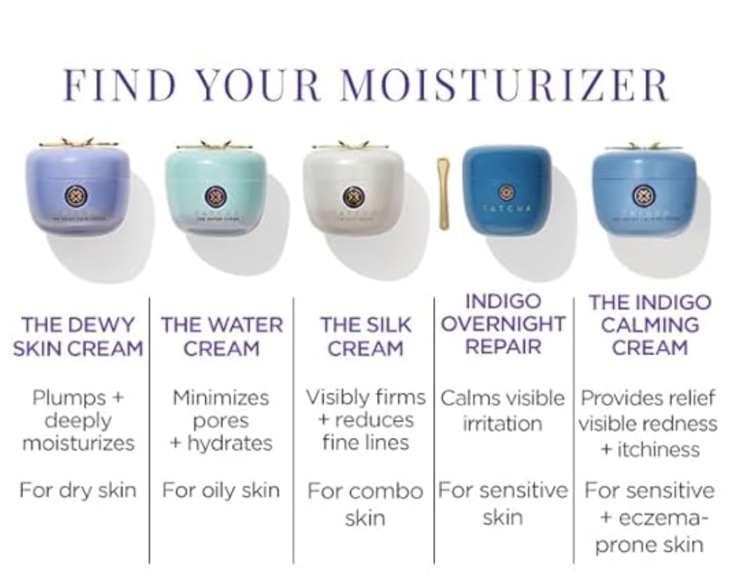 TATCHA Indigo Calming Cream on morning skincare routine desk setup.