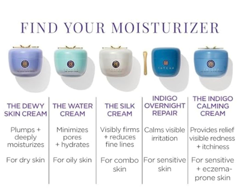 TATCHA Indigo Calming Cream on morning skincare routine desk setup.