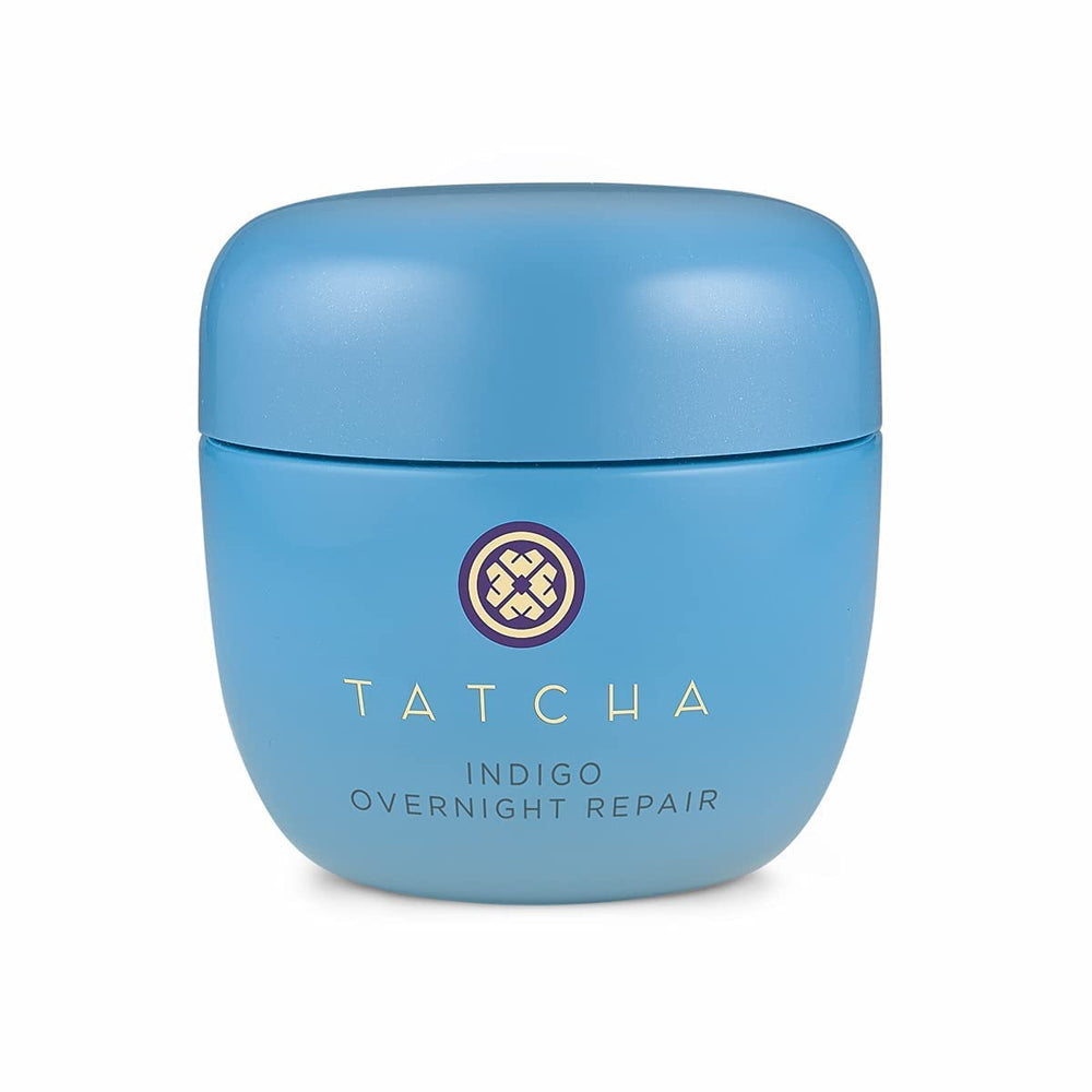 TATCHA Indigo Overnight Repair jar shows a cushiony night cream for calm, radiant skin.