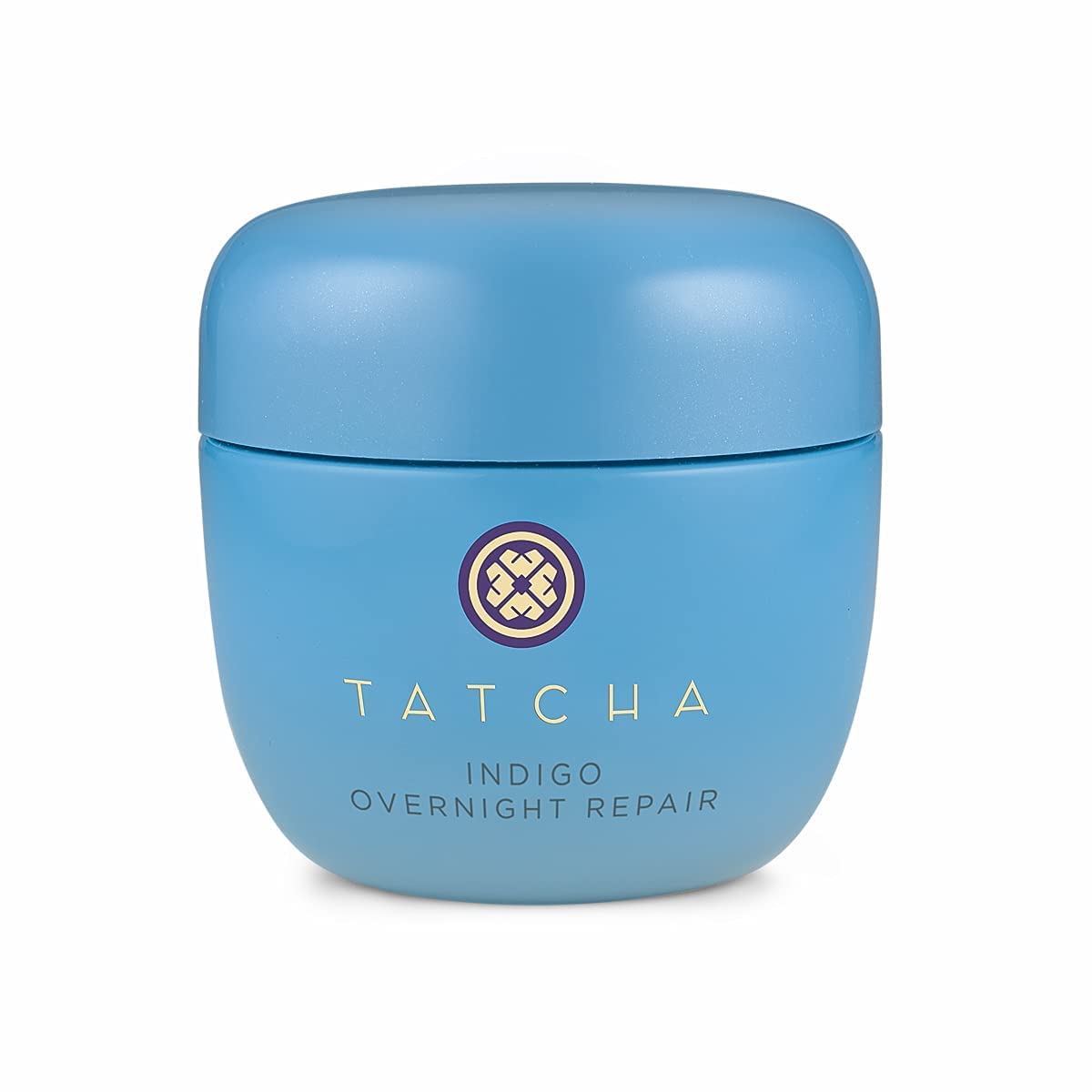 TATCHA Indigo Overnight Repair jar shows a cushiony night cream for calm, radiant skin.
