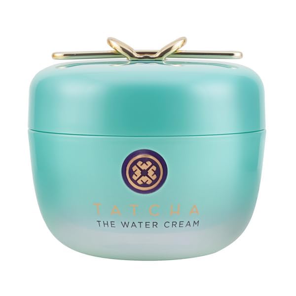 TATCHA Jumbo Water Cream bottle close-up shows oil-free hydration for balanced skin.
