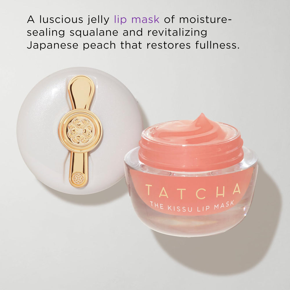 Tatcha Kissu Lip Mask jar front shows luxe non-sticky jelly texture.