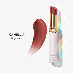 TATCHA Kissu Lip Tint Camellia swatches reveal buildable color and smooth finish.