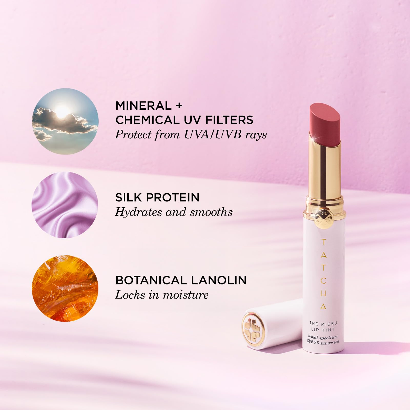 TATCHA Kissu Lip Tint Midnight Lily natural glow on lips in a soft shade.