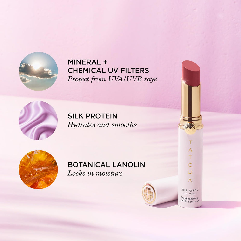 TATCHA Kissu Lip Tint Midnight Lily natural glow on lips in a soft shade.