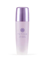 TATCHA Liquid Silk Canvas bottle close-up shows silk-infused primer for smoother makeup application