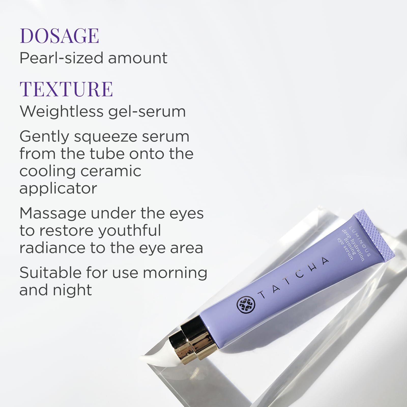 TATCHA Luminous Deep Hydration Eye Serum under-eye application demonstrating plumping hydration