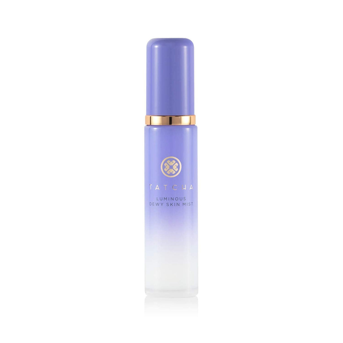Tatcha Luminous Dewy Skin Mist bottle closeup shows radiant hydration for makeup-ready skin.