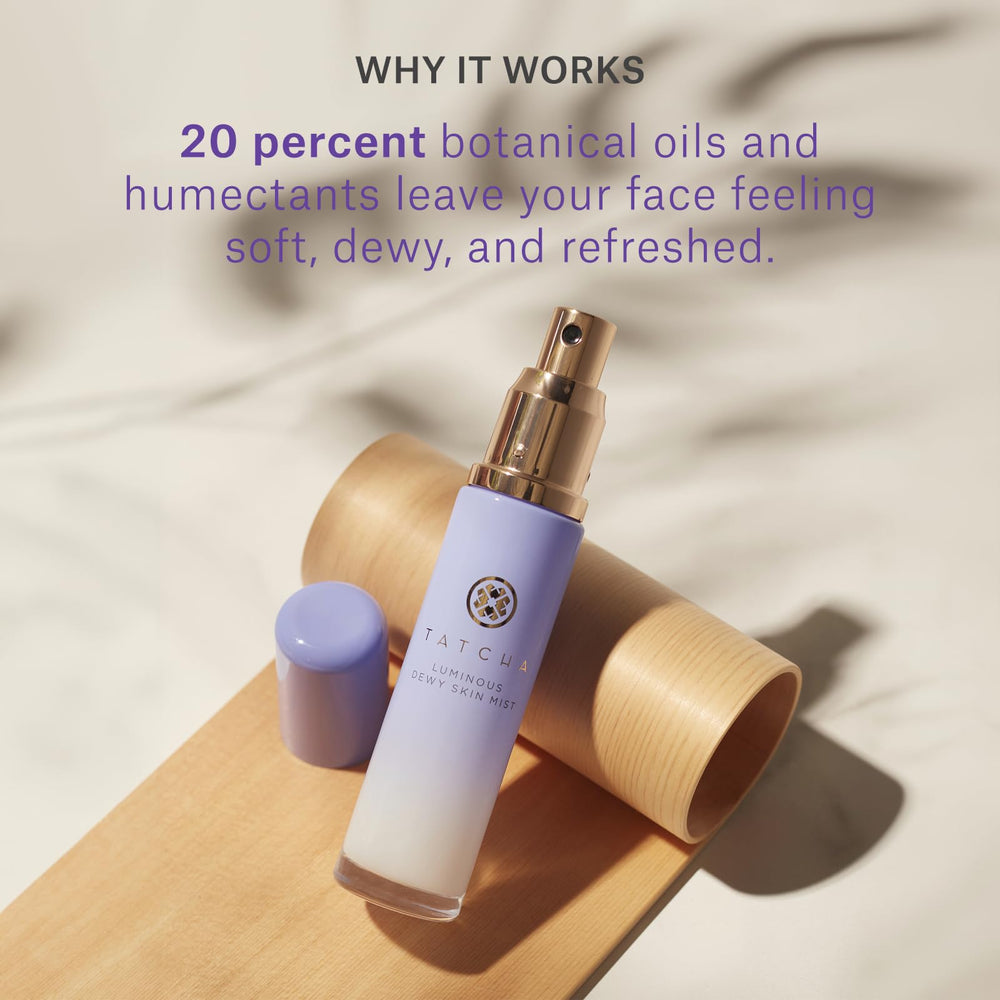 Tatcha Luminous Dewy Skin Mist over makeup for a refreshed glow.