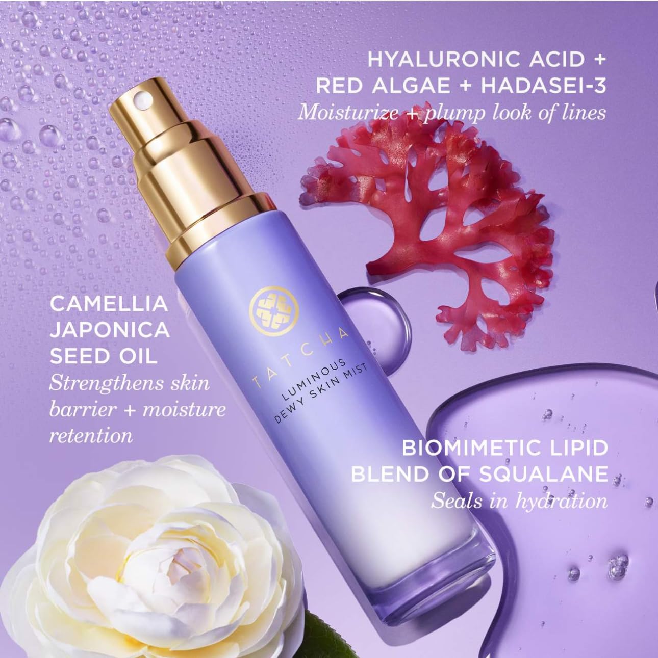 Tatcha Luminous Dewy Skin Mist travel-friendly bottle for on-the-go touch-ups and glow.