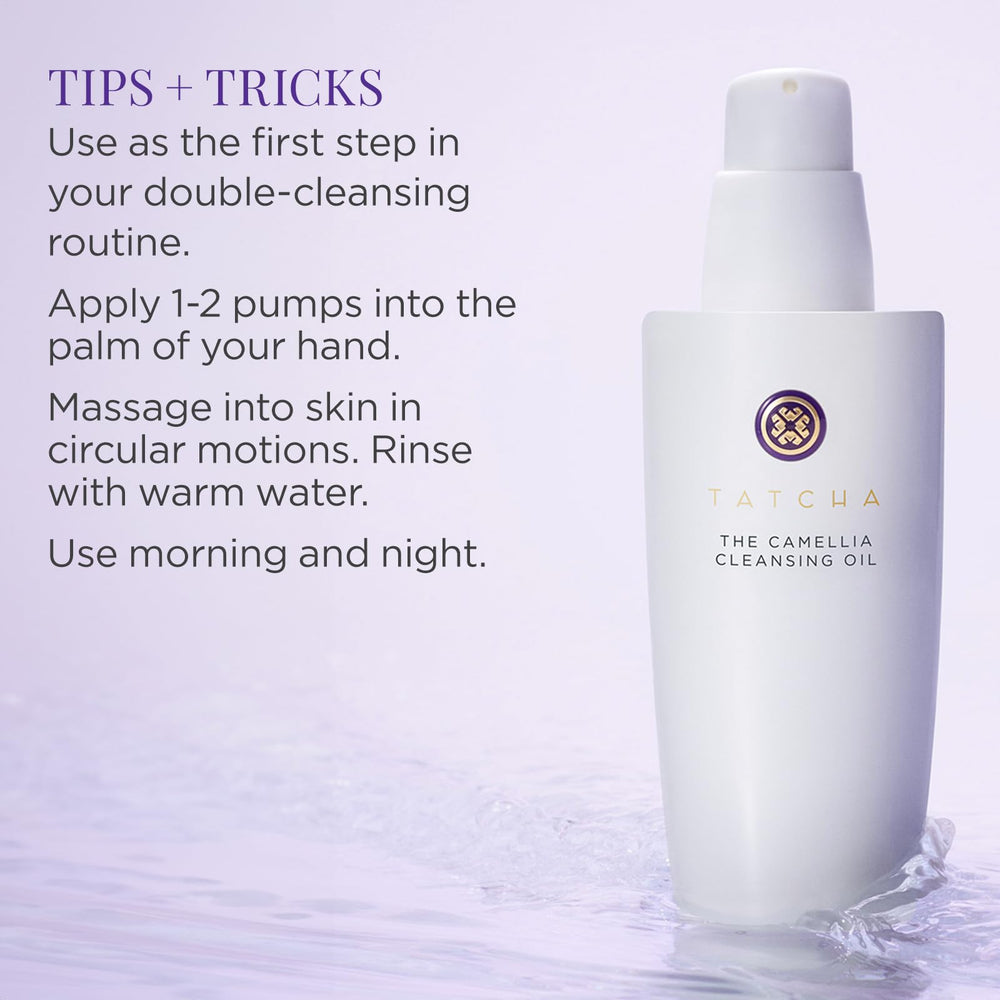 TATCHA mineral oil-free formula closeup emphasizing clean residue-free result