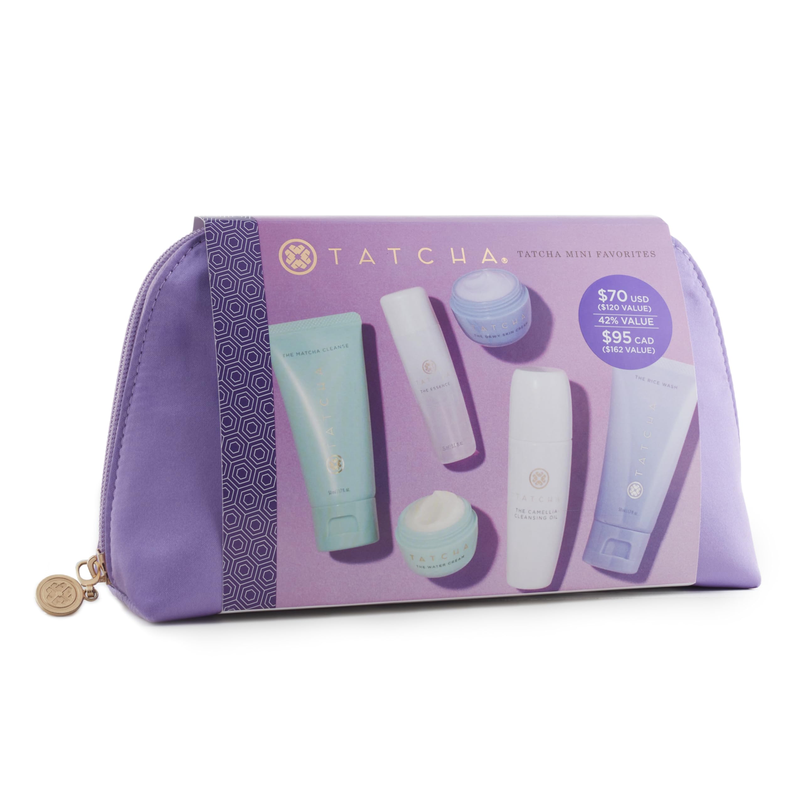 tatcha mini favorites set packaging shows travel-friendly skincare for on-the-go radiance.