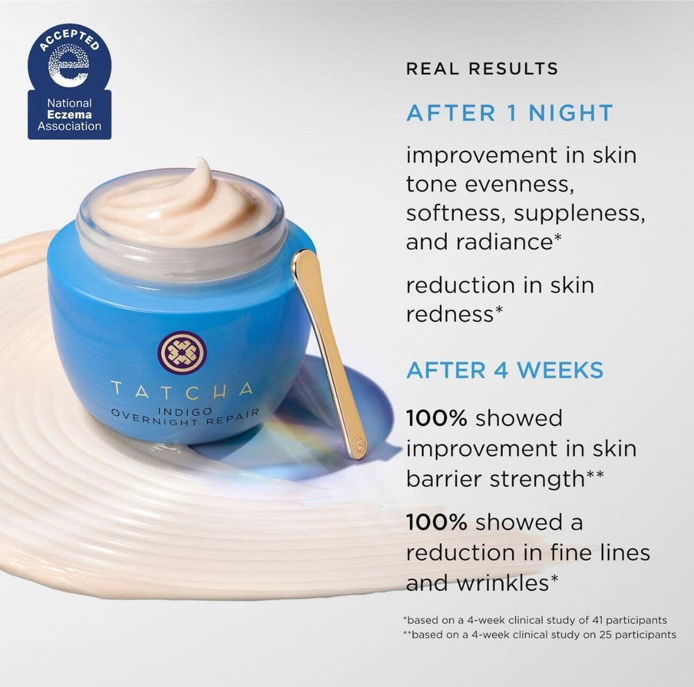 TATCHA hands applying Indigo Overnight Repair Serum at night for overnight nourishment.