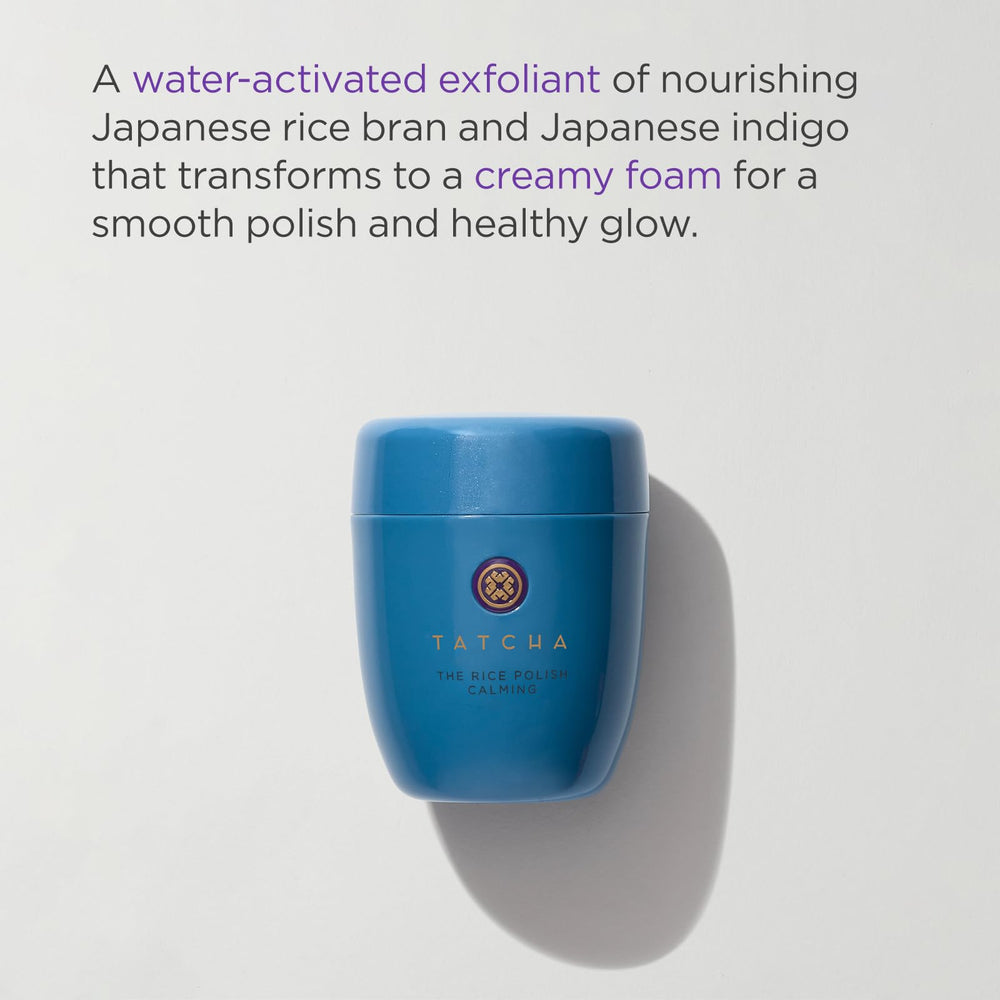 Tatcha Rice Polish Calming bottle-ingredients feature Hadasei-3 for brightening radiance.