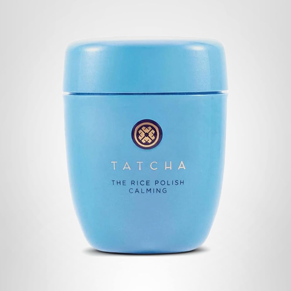 Tatcha Rice Polish Calming packaging shows travel-friendly jar for routines.