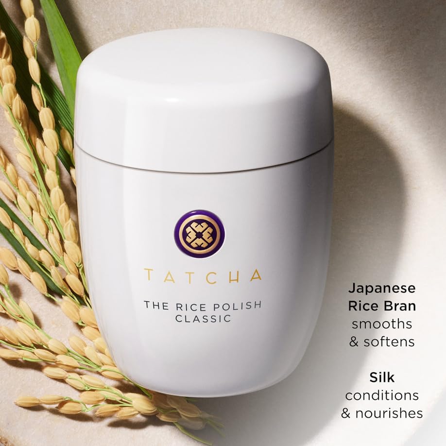 TATCHA Rice Polish Classic jar and label packaging on vanity