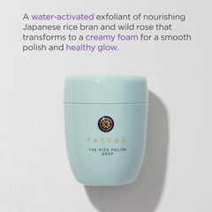Tatcha Rice Polish Deep foam activation shows creamy foam for gentle cleansing.