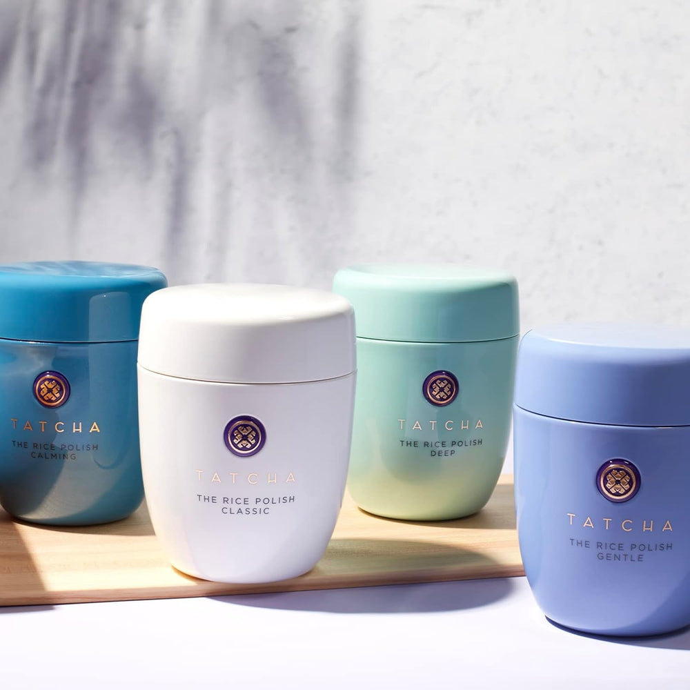 TATCHA Rice Polish Gentle packaging shot suggests daily skincare ritual.