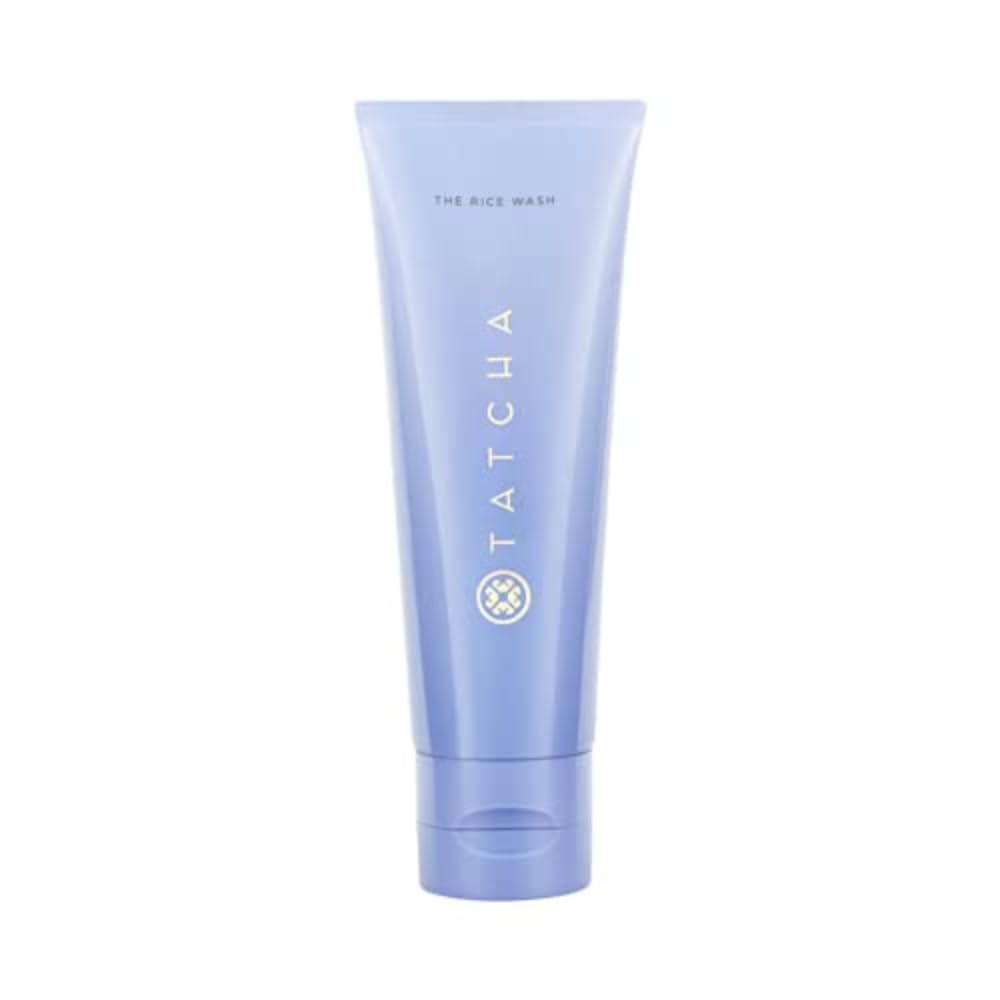 TATCHA Rice Wash bottle pour shows gentle cleanse and smooth skin prep.