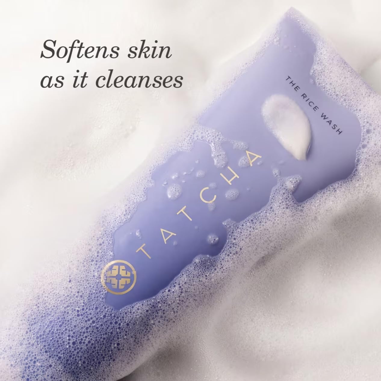 TATCHA Rice Wash cream texture swatch showing creamy lather for soft skin
