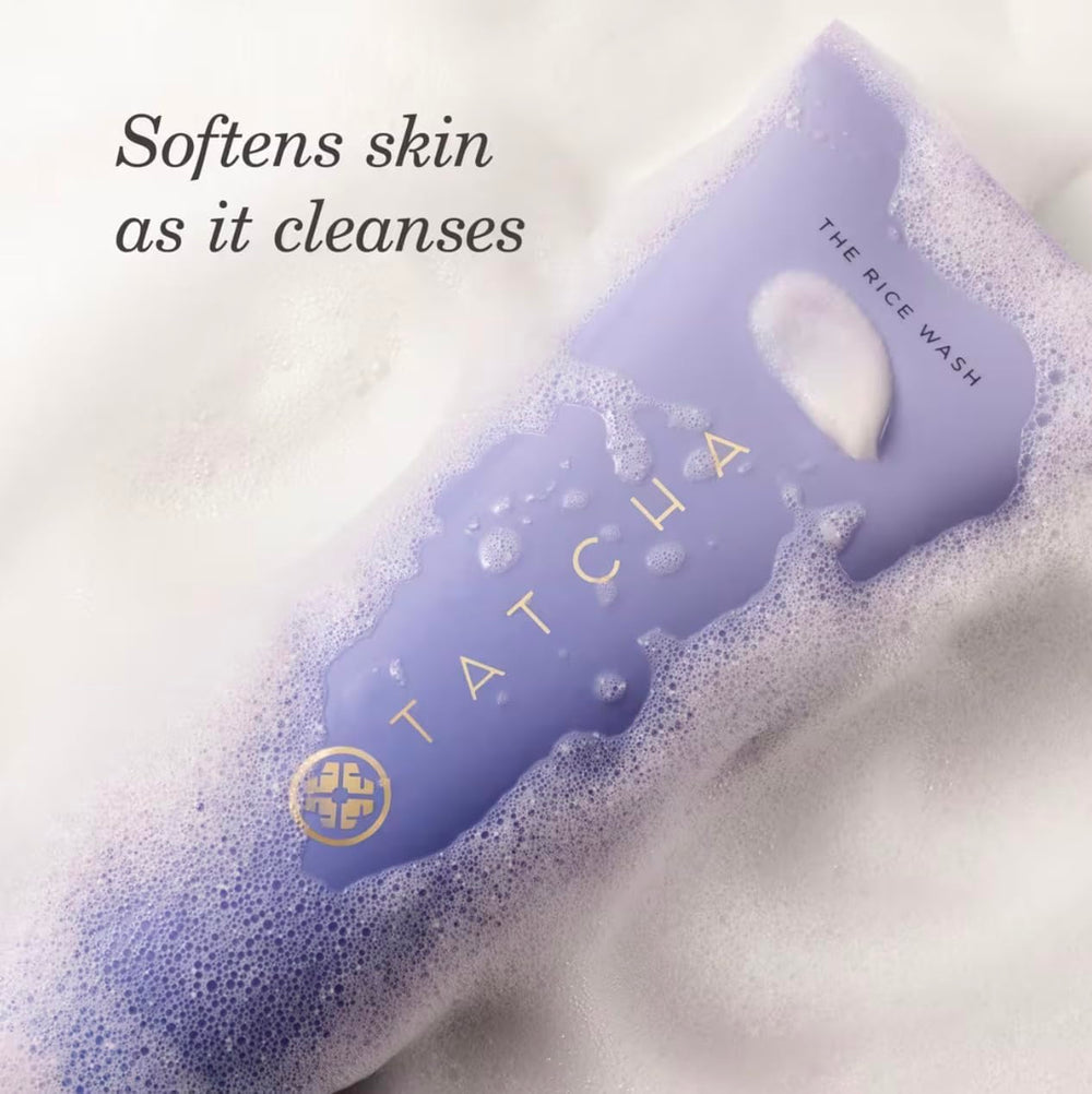 TATCHA Rice Wash cream texture swatch showing creamy lather for soft skin