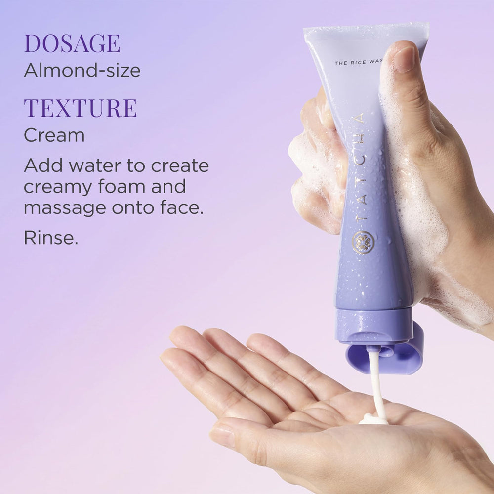 TATCHA Rice Wash hyaluronic-acid spheres illustrate plump, hydrated skin feel.