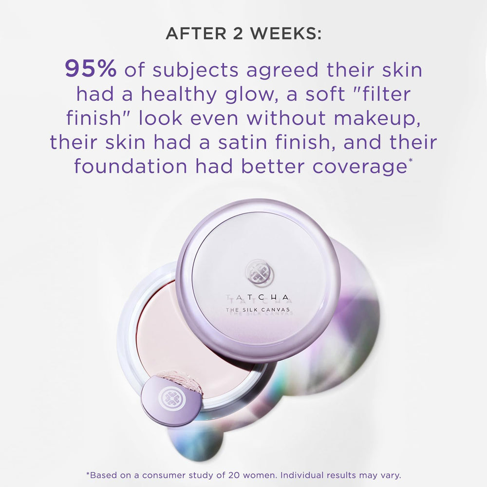 Tatcha Silk Canvas before-after face image hints smoother complexion under powder