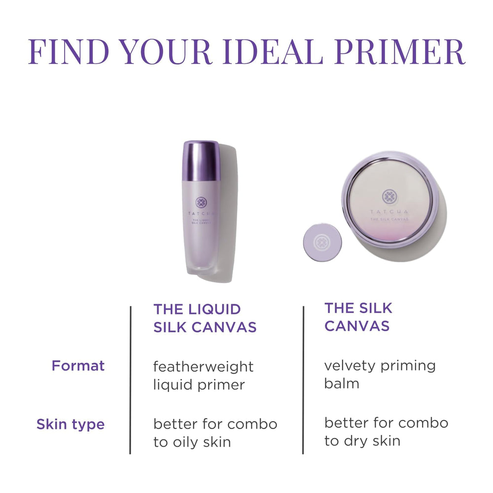 Tatcha Silk Canvas in makeup routine setup with brush and products suggests primed base