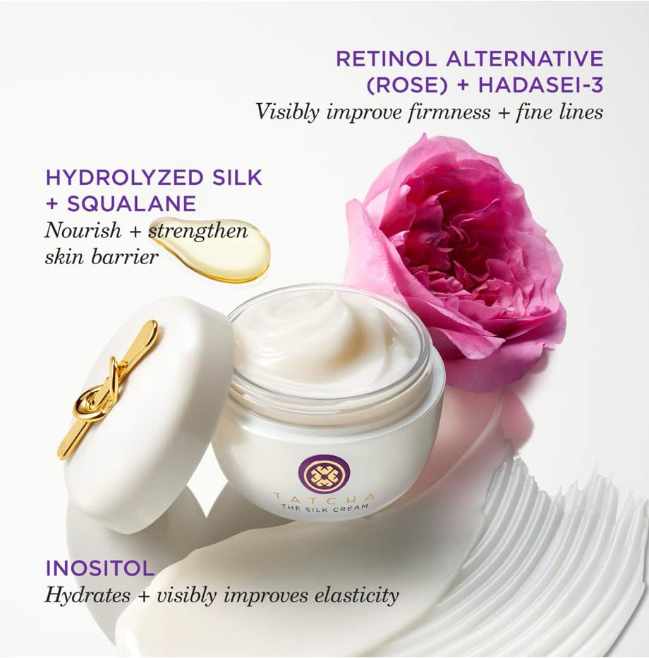 TATCHA Silk Cream application close-up shows a silky finish.