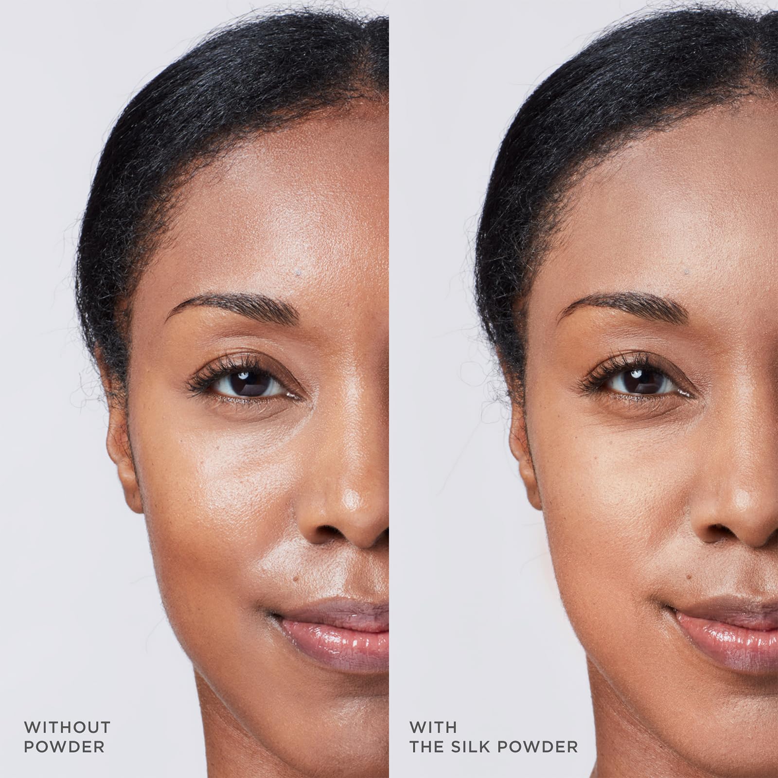 TATCHA Silk Powder on skin glow—translucent shade with 8-hour wear potential.