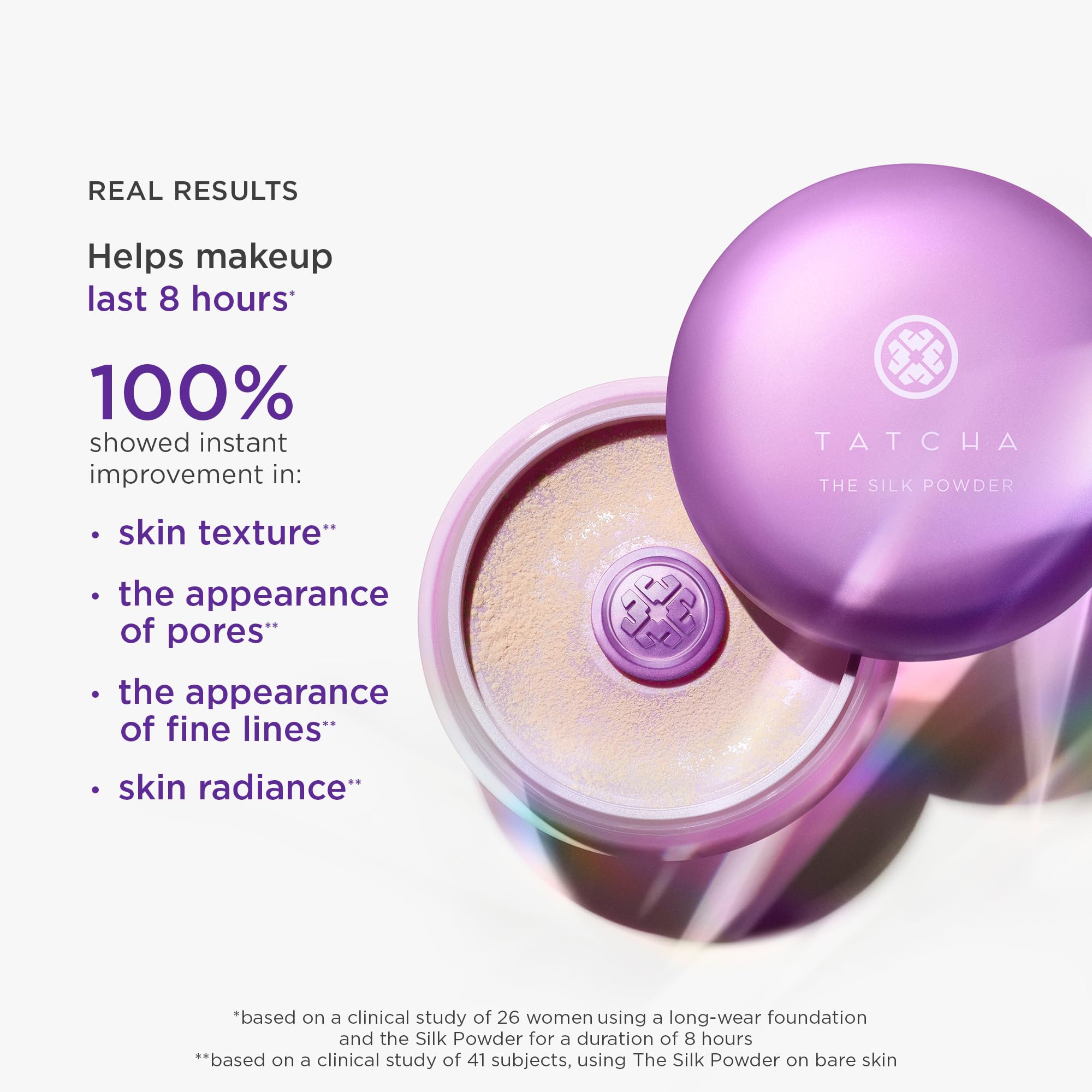 TATCHA Silk Powder translucent finish on skin for a soft-radiant, shine-controlled look.