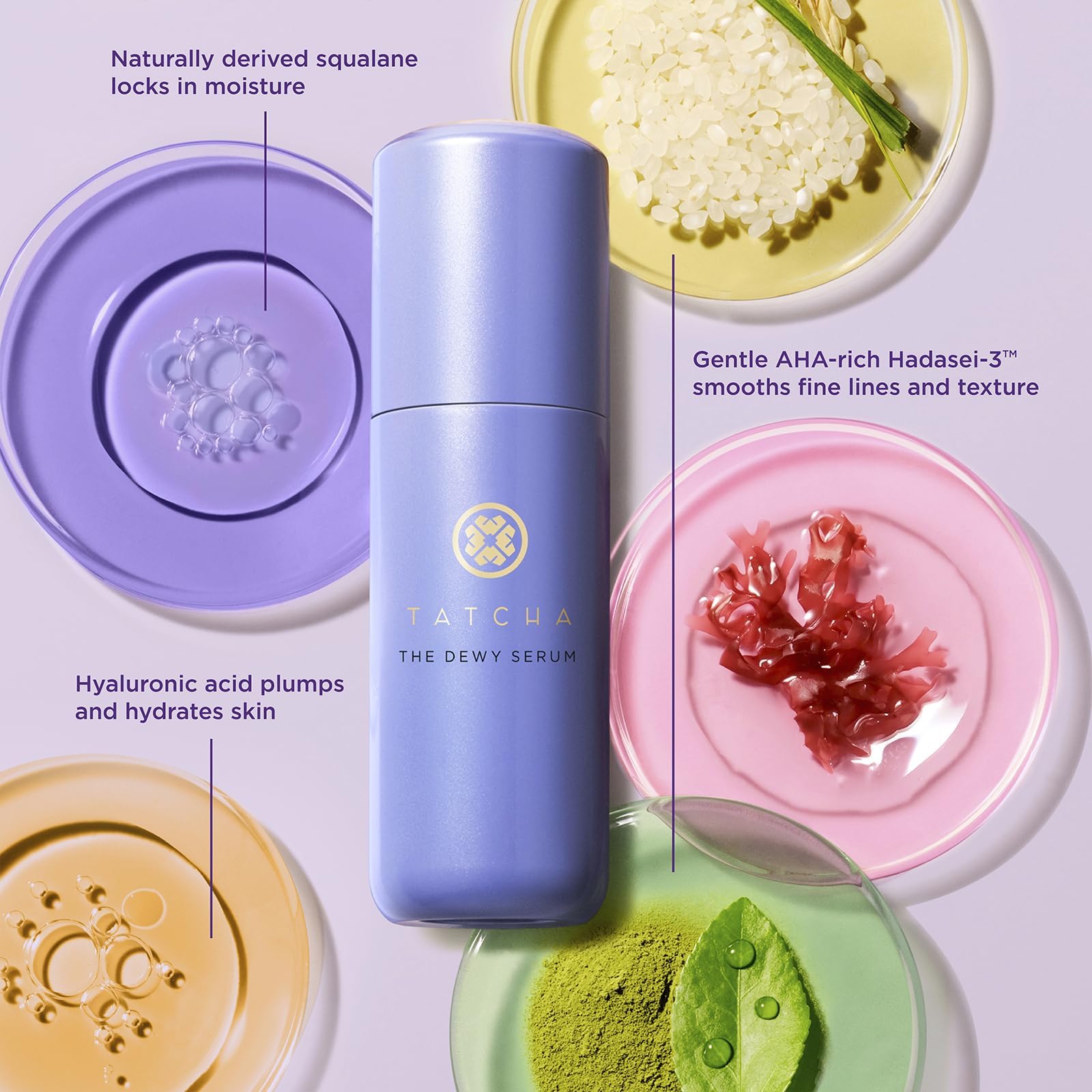 Tatcha The Dewy Serum ingredients graphic highlighting Hadasei-3 complex