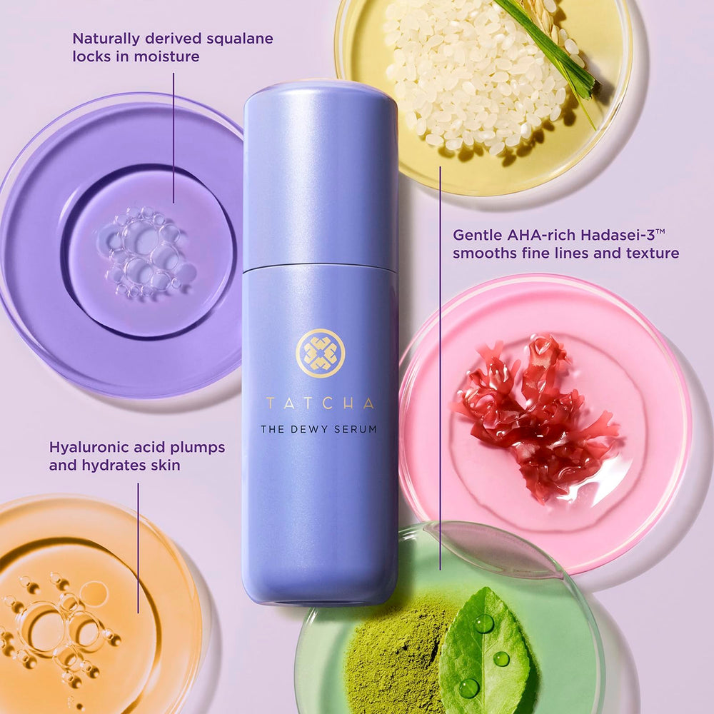 Tatcha The Dewy Serum ingredients graphic highlighting Hadasei-3 complex