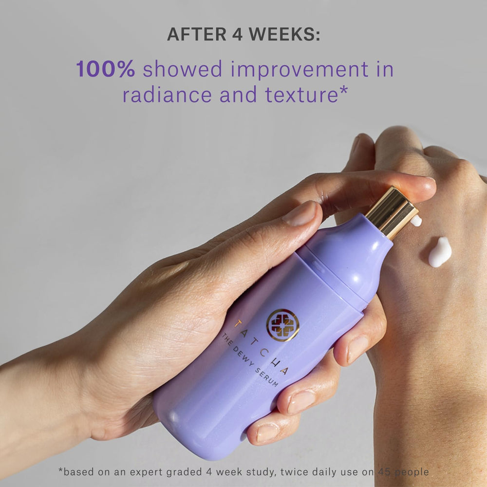 Tatcha The Dewy Serum drop on skin suggests gentle resurfacing and glow