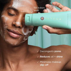 TATCHA The Matcha Cleanse gel texture closeup highlighting lightweight, non-stripping formula