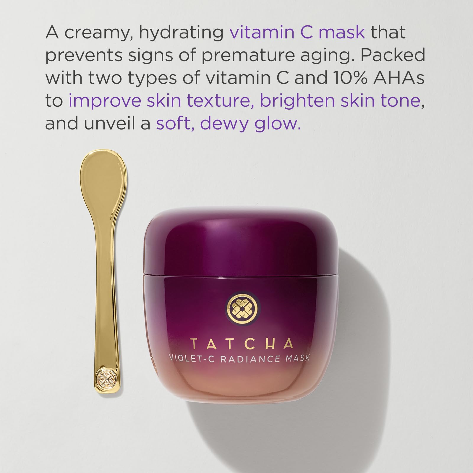 TATCHA Violet-C Radiance Mask spoon helps precise application for brightening benefits.