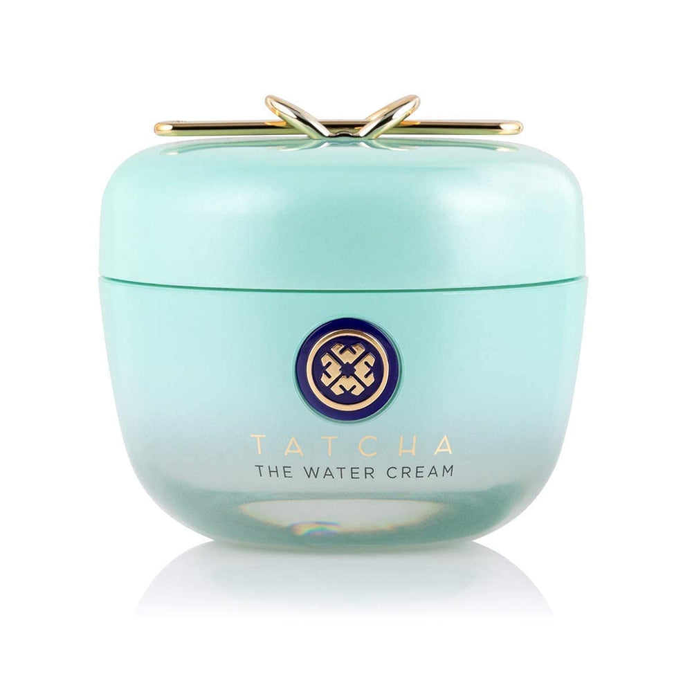TATCHA Water Cream bottle closeup highlighting oil-free hydration for balanced skin.