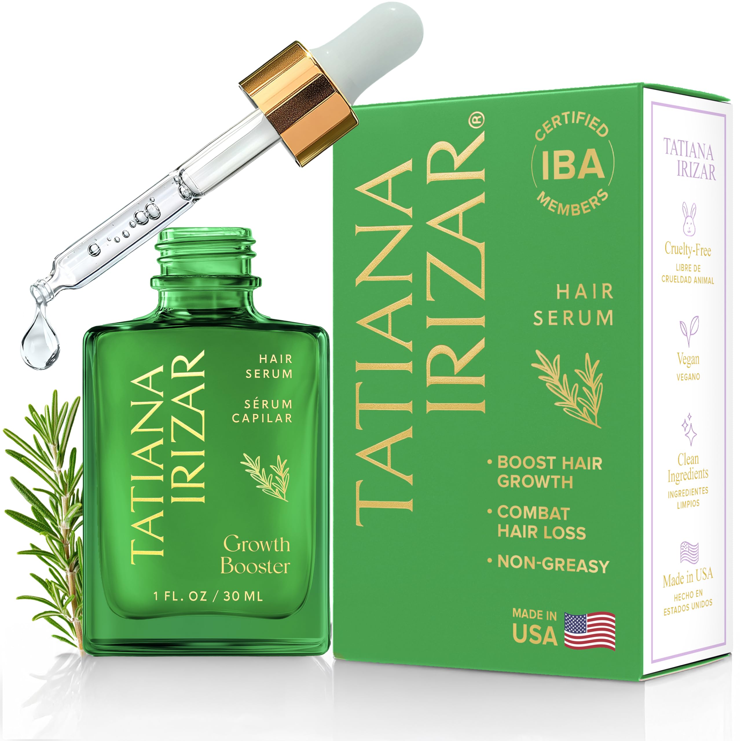 Tatiana Irizar hair serum bottle close-up for scalp nourishment