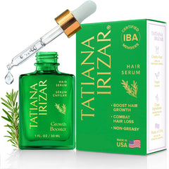Tatiana Irizar hair serum bottle close-up for scalp nourishment
