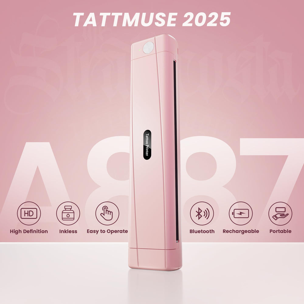 TATTMUSE compact-size portable printer shows easy bag-fit for travel.